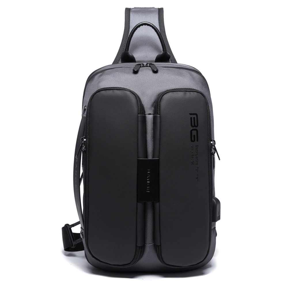 Rucsac crossbody/de umar casual, impermeabil, cu port de incarcare USB, Bange, Gri