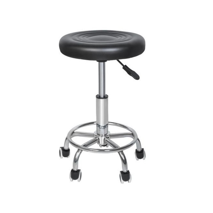 Scaun hidraulic cu roti negru rotund din piele ecologica