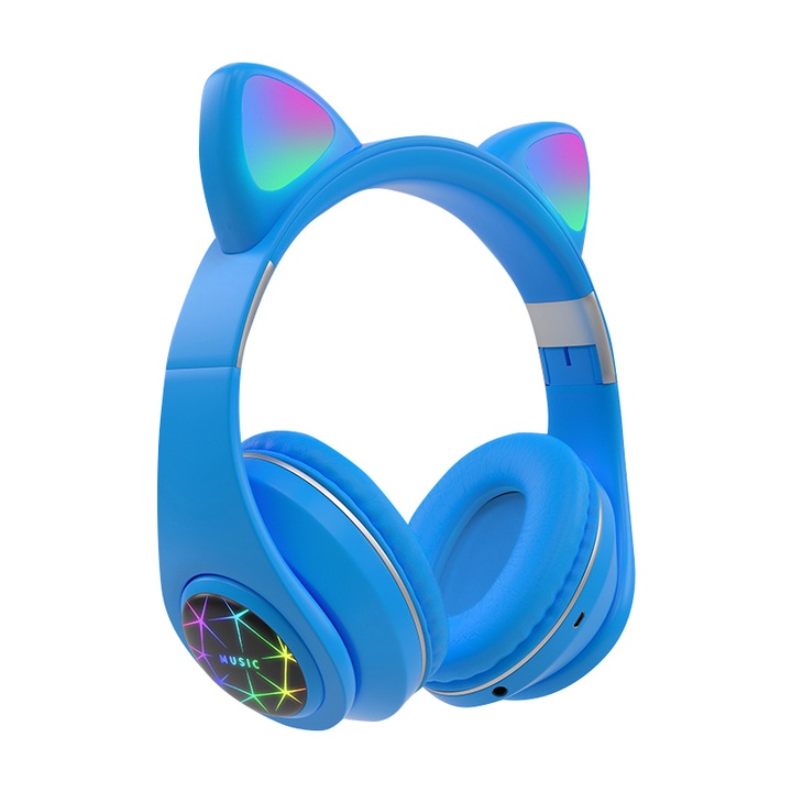 Casti audio Wireless, Urechi de pisica, Stereo bilateral, HiFi, Bluetooth 5.0, Albastru
