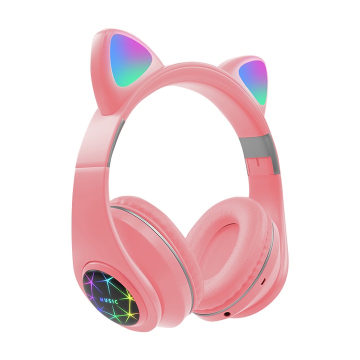Casti audio Wireless, Urechi de pisica, Stereo bilateral, HiFi, Bluetooth 5.0, Roz