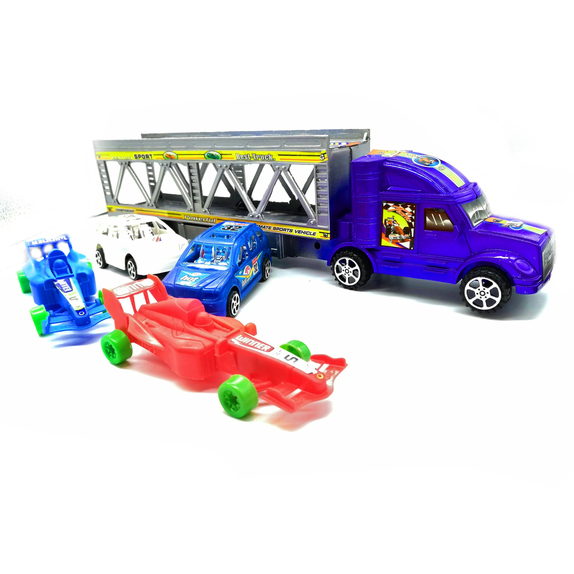 Set camion transportator de autovehicule, 35 cm, Vision, cu 4 masini transportate, 5 piese