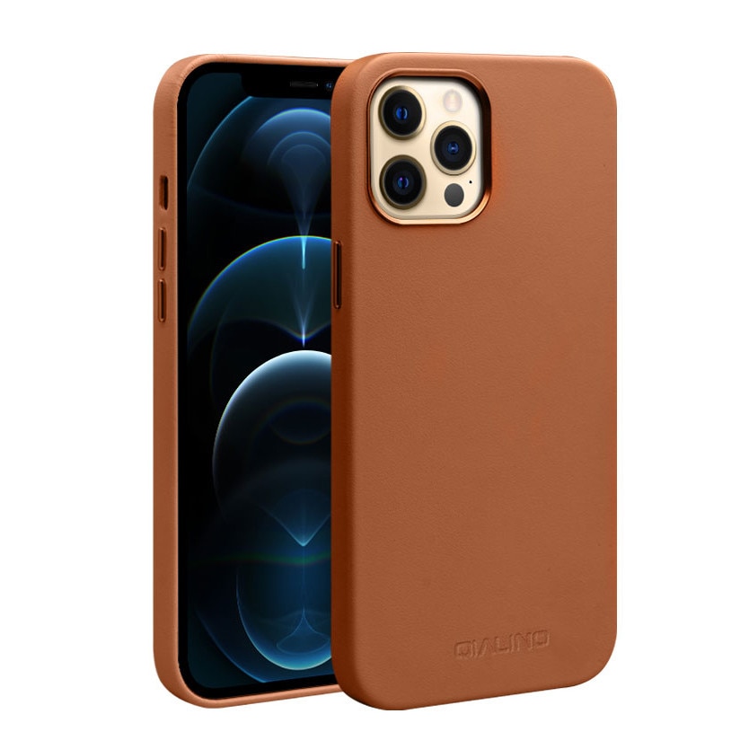 Husa slim pentru iPhone 12 Pro Max, cu MagSafe din piele naturala nappa, tip back cover, Qialino, Maro tabac