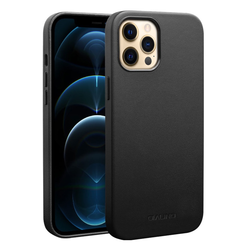 Husa slim pentru iPhone 12 Pro Max, cu MagSafe din piele naturala nappa, tip back cover, Qialino, Negru
