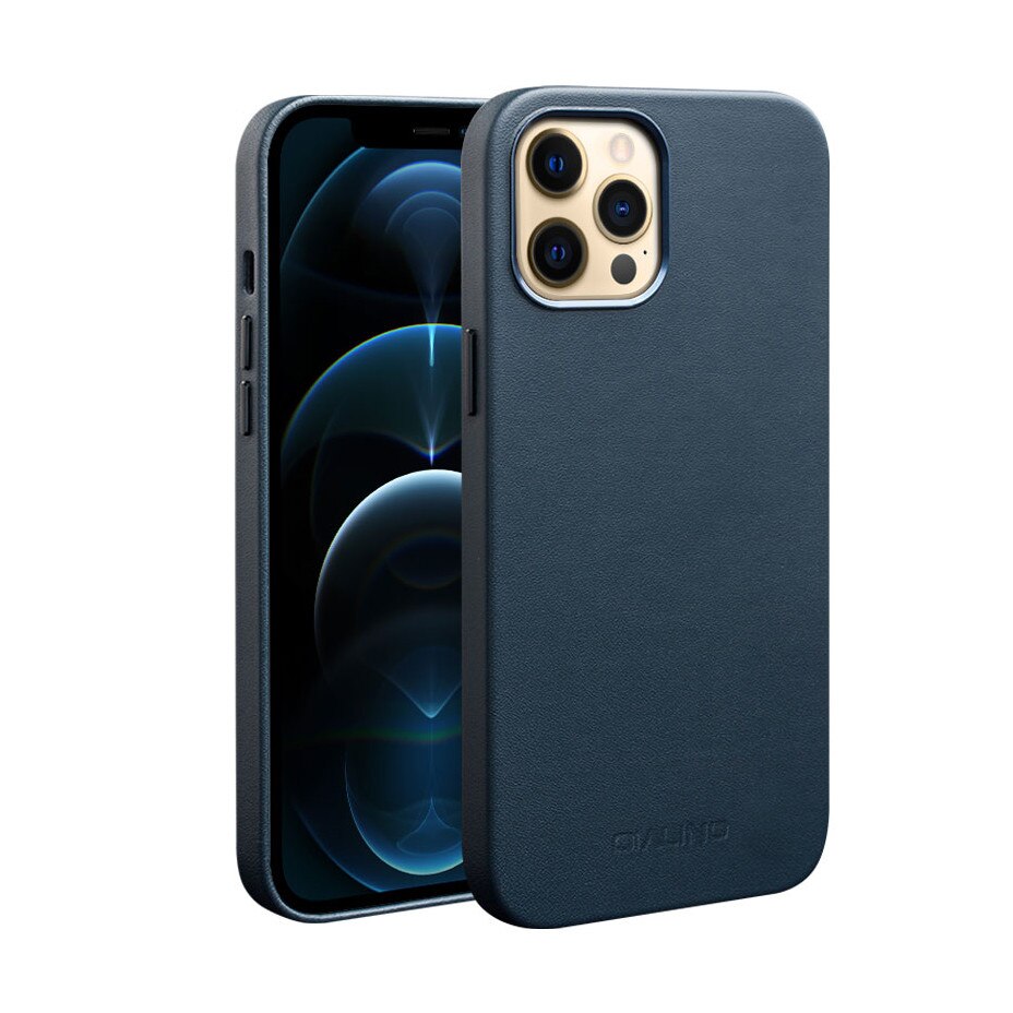 Husa slim pentru iPhone 12 Pro, iPhone 12, cu MagSafe din piele naturala nappa, tip back cover, Qialino, Albastru