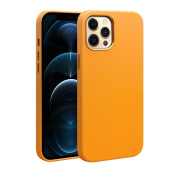 Husa slim pentru iPhone 12 Pro Max, cu MagSafe din piele naturala nappa, tip back cover, Qialino, Galben Husa slim pentru iPhone 12 Pro Max, cu MagSafe din piele naturala nappa, tip back cover, Qialino, Galben