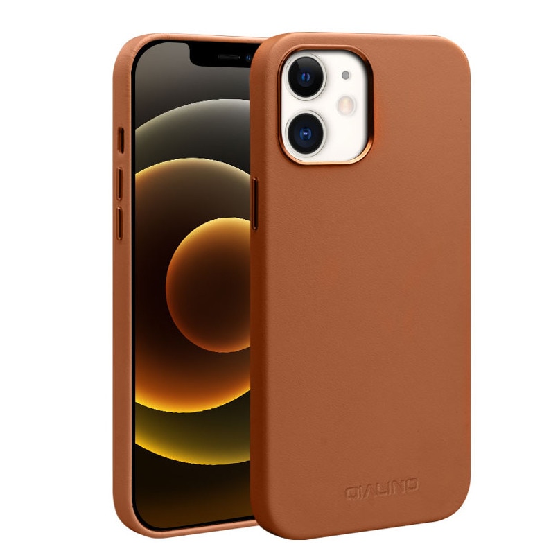 Husa slim pentru iPhone 12 Mini, cu MagSafe din piele naturala nappa, tip back cover, Qialino, Maro tabac