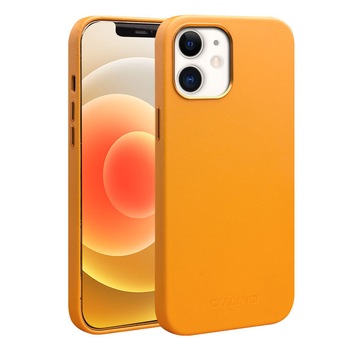 Husa slim pentru iPhone 12 Mini, cu MagSafe din piele naturala nappa, tip back cover, Qialino, Galben Husa slim pentru iPhone 12 Mini, cu MagSafe din piele naturala nappa, tip back cover, Qialino, Galben