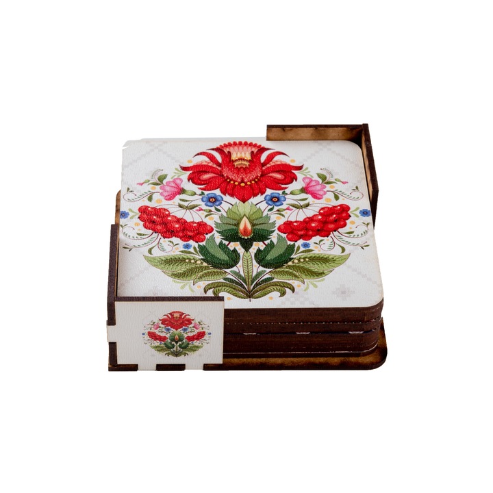 Set suport coaster cu 6 suporturi pentru pahare motiv traditional model 10, lemn, multicolor, 10 cm