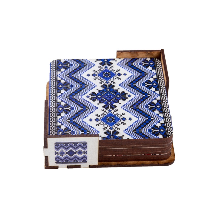 Set suport coaster cu 6 suporturi pentru pahare motiv traditional model 4, lemn, multicolor, 10 cm