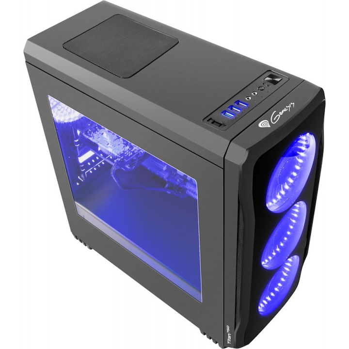 Genesis asztali számítógép, Ryzen 5 3600 3,6 Ghz (Turbo 4,2 Ghz) processzor, 16 GB ddr4 RAM, 480 GB SSD, 1 TB HDD, Geforce GT1030 2 GB GDDR5 videokártya, ATX 550 W, fekete / kék