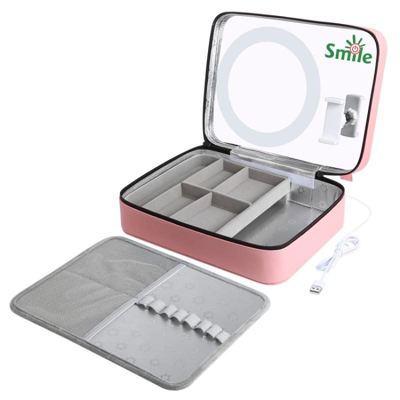 Cutie de voiaj pentru machiaj PU516F PULUZ cu Oglinda si suport pentru telefon, Lampa LED integrata, Roz