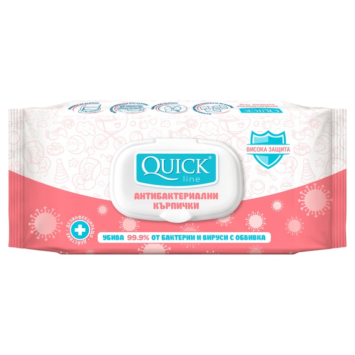 Антибактериални кърпички Quickline, 72 бр. с капак-розови