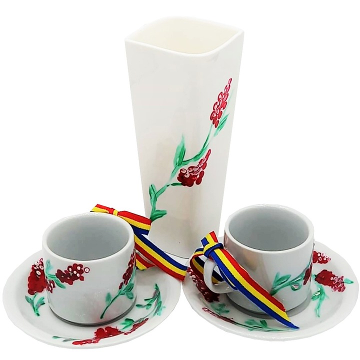 5 tárgyból álló készlet (2 csésze, 2 tányér és 1 váza), kézzel festett Denevérvirágok