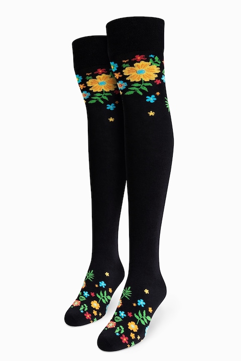 Дамски дълги чорапи, дизайн на цветя, Черен, 39-40