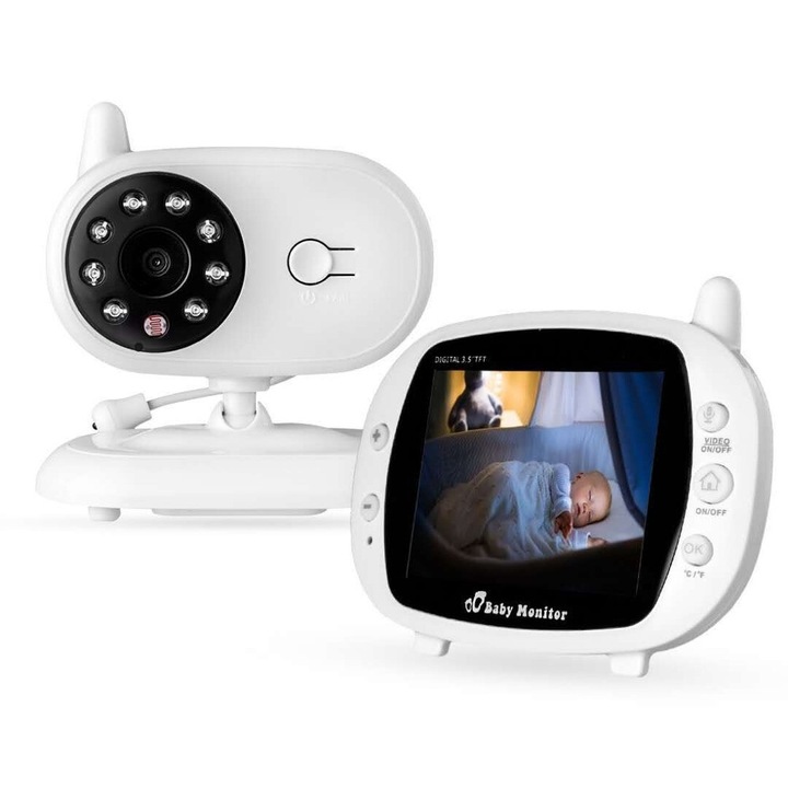 Baby Monitor cu camera audio-video, Wireless, Ecran HD, 3.5'', LCD, Vedere nocturna, Alb