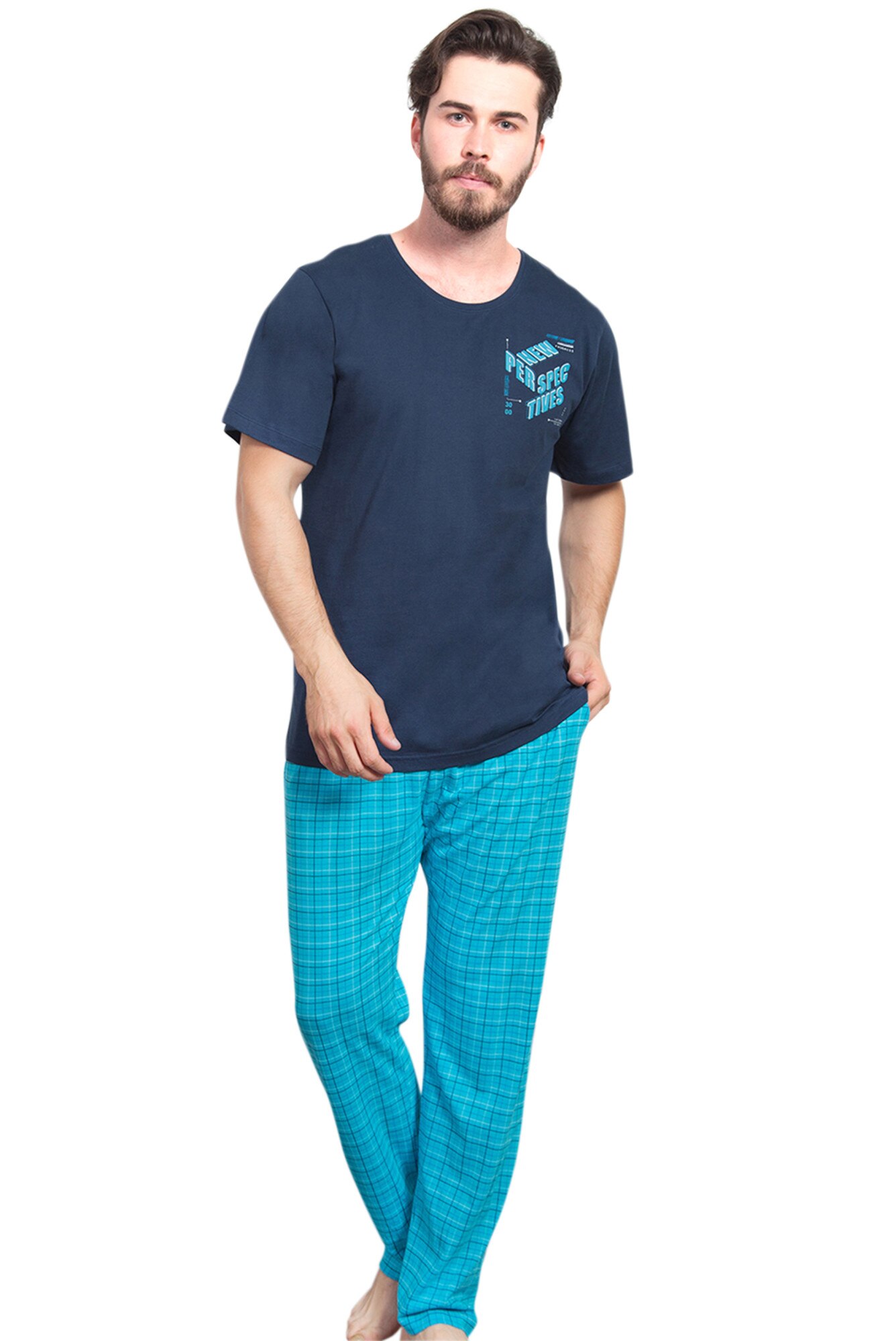 Pijama barbati Gazzaz by Vienetta, model Perspective, bleumarin/turcoaz