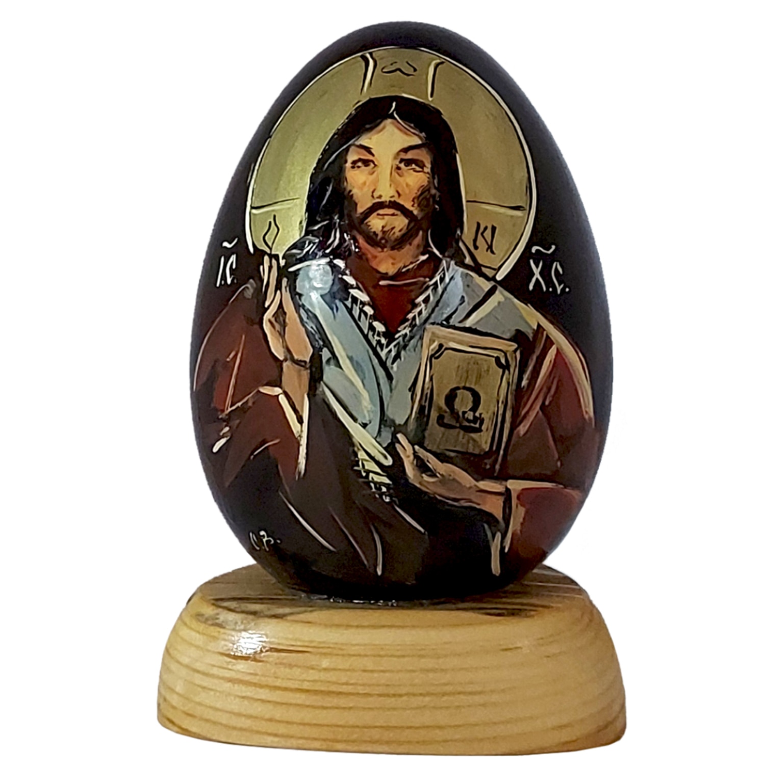 Icoana ArtDeco Mantuitorul Isus Hristos, pictura in ulei pe ou de portelan negru-maroniu glazurat, dimensiuni 14 cm inaltime, 9 cm latime si 8 cm lungime, compozitie proprie