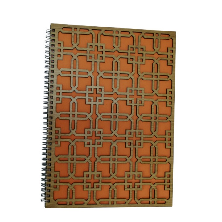 Agenda cu coperti din lemn traforat, Artizanii lemnului, model geometric beta stejar-orange, A4, stejar, 60 file