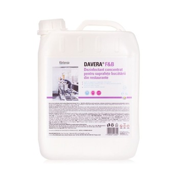 Dezinfectarea suprafetelelor in contact cu alimentele, DAVERA® F&B, produs concentrat, pentru ustensilele, blaturile si echipamentele din bucatarii, Klintensiv, 5 L Dezinfectarea suprafetelelor in contact cu alimentele, DAVERA® F&B, produs concentrat, pentru ustensilele, blaturile si echipamentele din bucatarii, Klintensiv, 5 L
