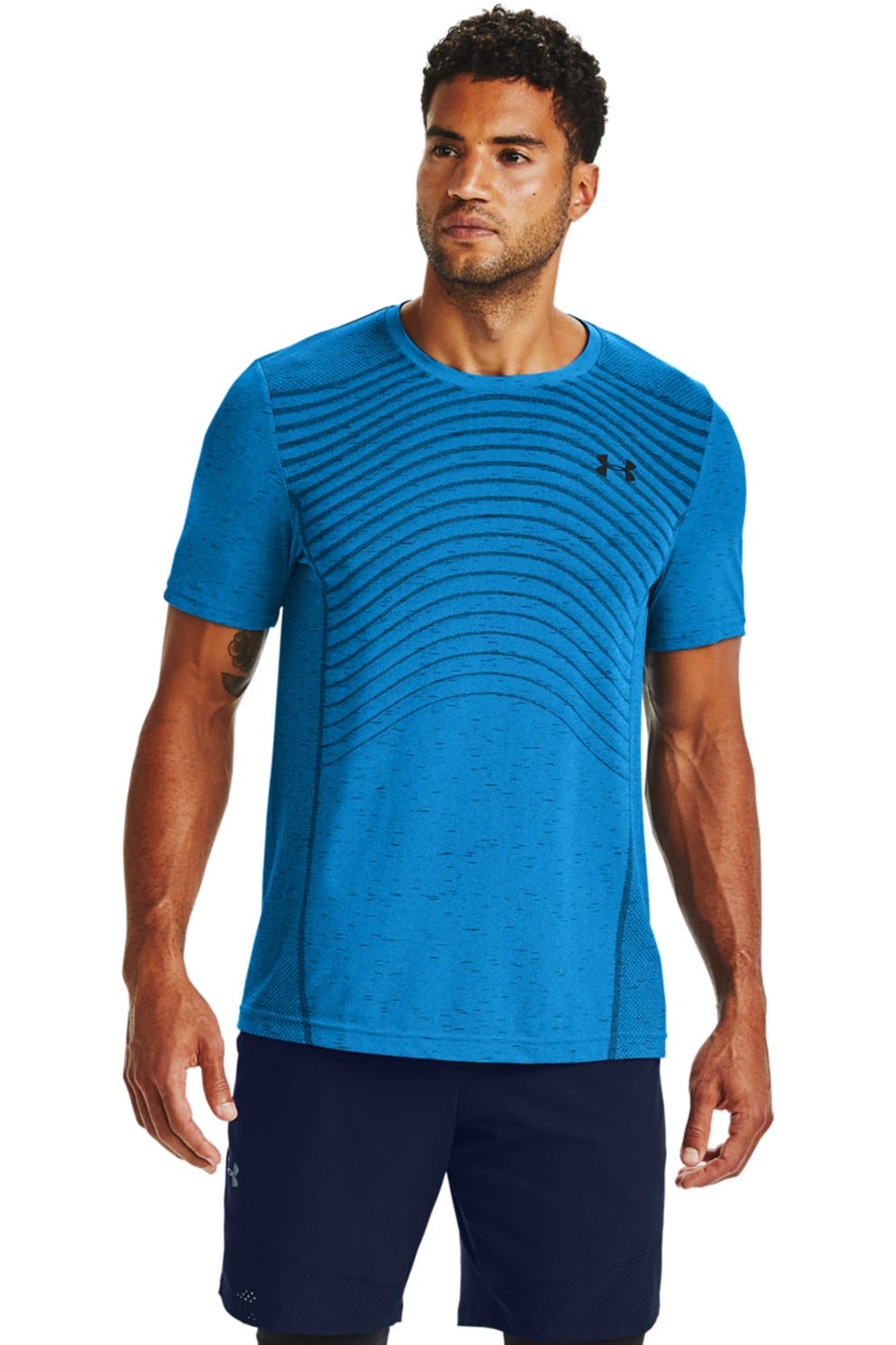 Under Armour, Tricou cu segmente de plasa, pentru fitness Seamless Wave, Albastru inchis/Negru