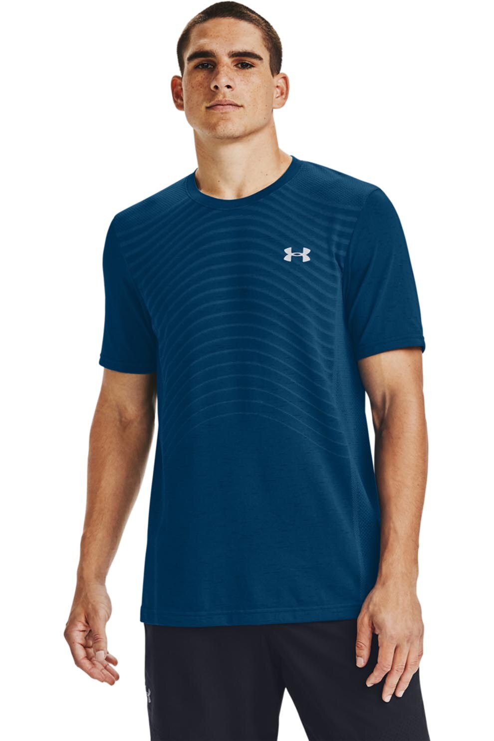 Under Armour, Tricou cu segmente de plasa, pentru fitness Seamless Wave, Albastru petrol