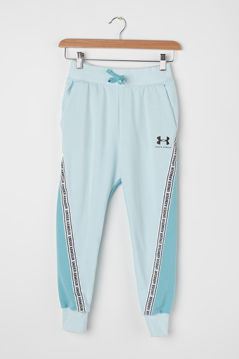 Under Armour, Pantaloni cu snur de ajustare pentru fitness Rival, Albastru aqua, 127-137 CM