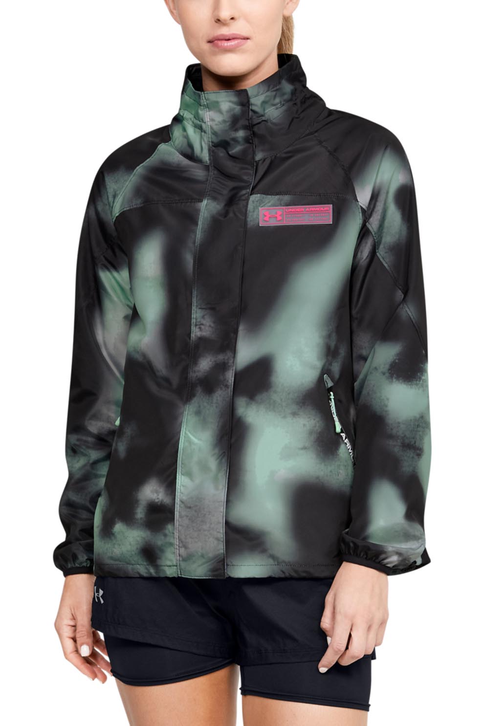 Under Armour, Jacheta cu finisaj impremeabil si model tie-dye Summit, Verde pal/negru/roz