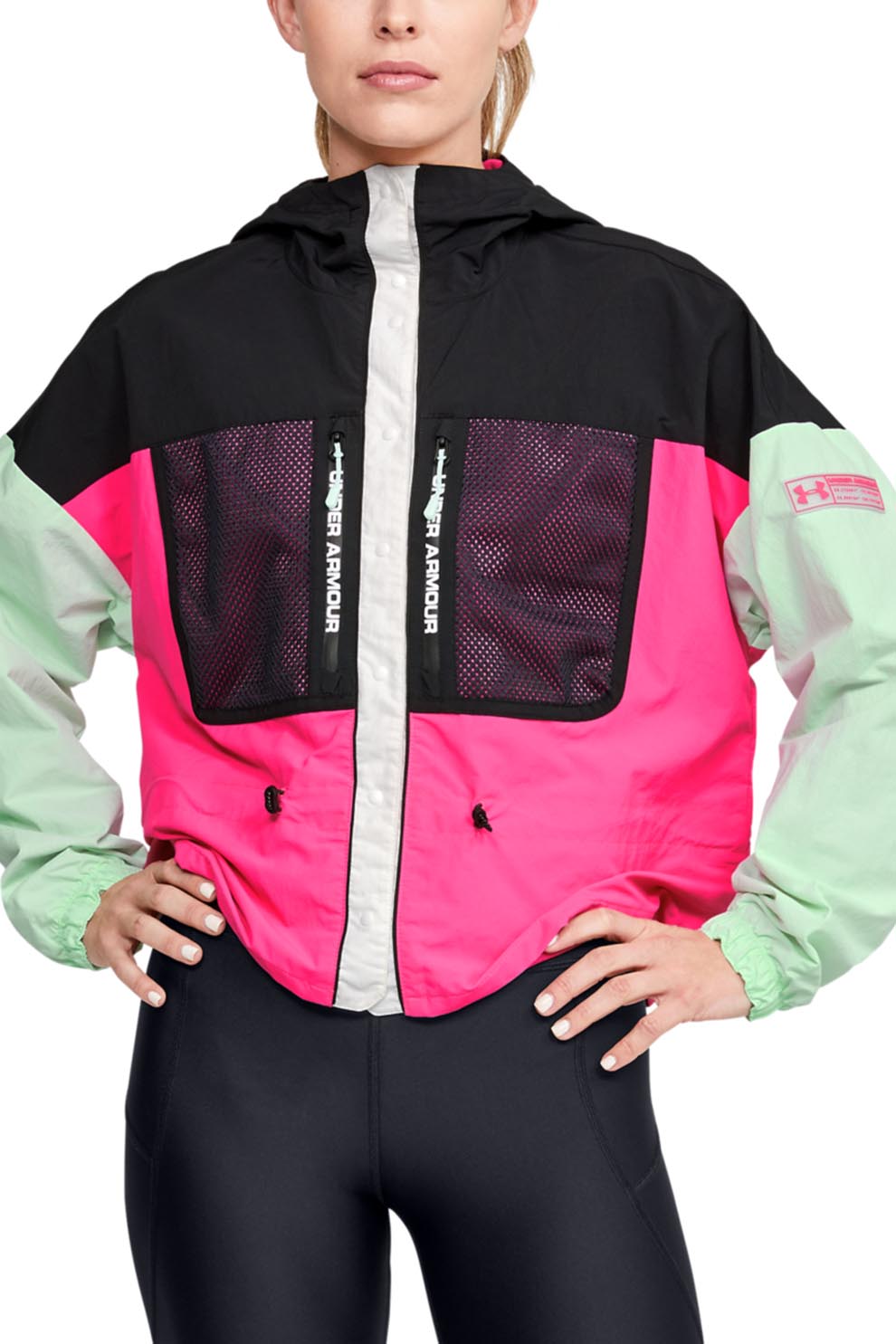 Under Armour, Jacheta usoara cu model colorblock Summit, Negru/Roz aprins/Verde menta, L
