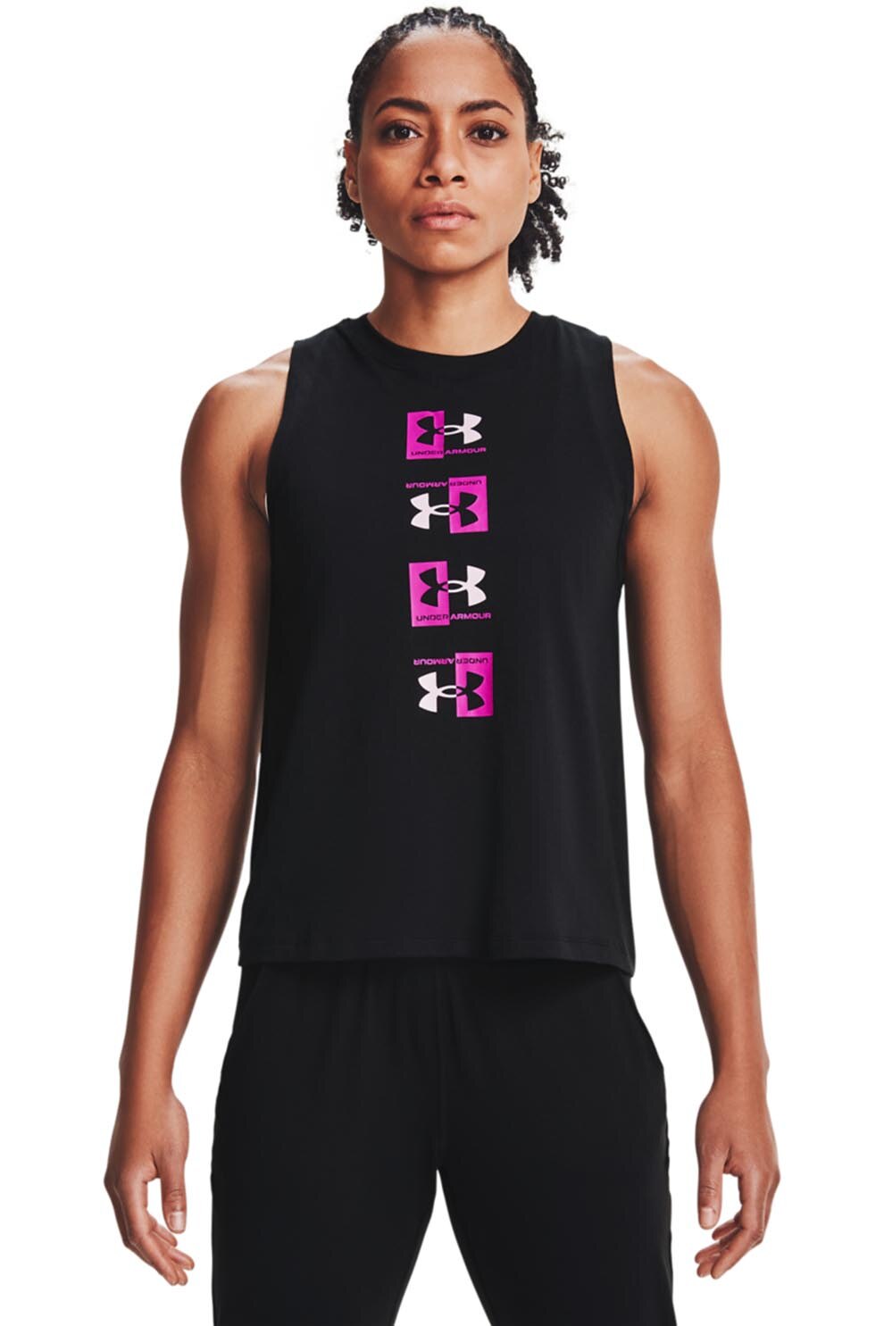 Under Armour, Top lejer cu logo pentru fitness Repeat, Negru/Alb/Fucsia