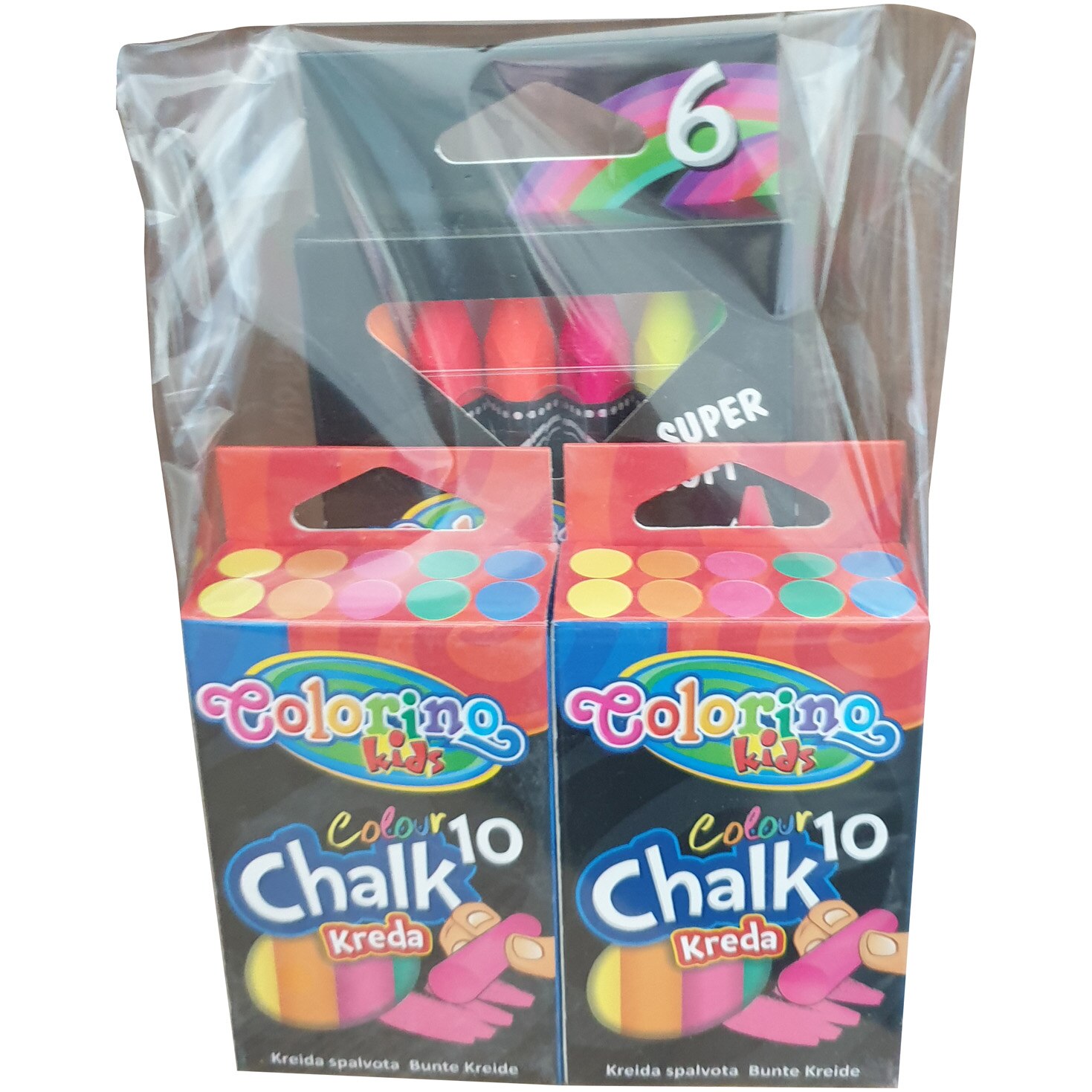 Creta colorata / alba Colorino fara praf, 10 buc + Creioane Colorino neon triunghiulare, 6 culori