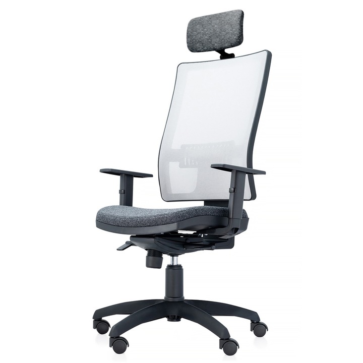 Scaun ergonomic de birou TRAFFIC CHAIRS RONDO, sezut textil GRI, spatar reglabil pe inaltime, mesh Gri, brate reglabile, mecanism multiblock, tetiera reglabila, suport lombar reglabil