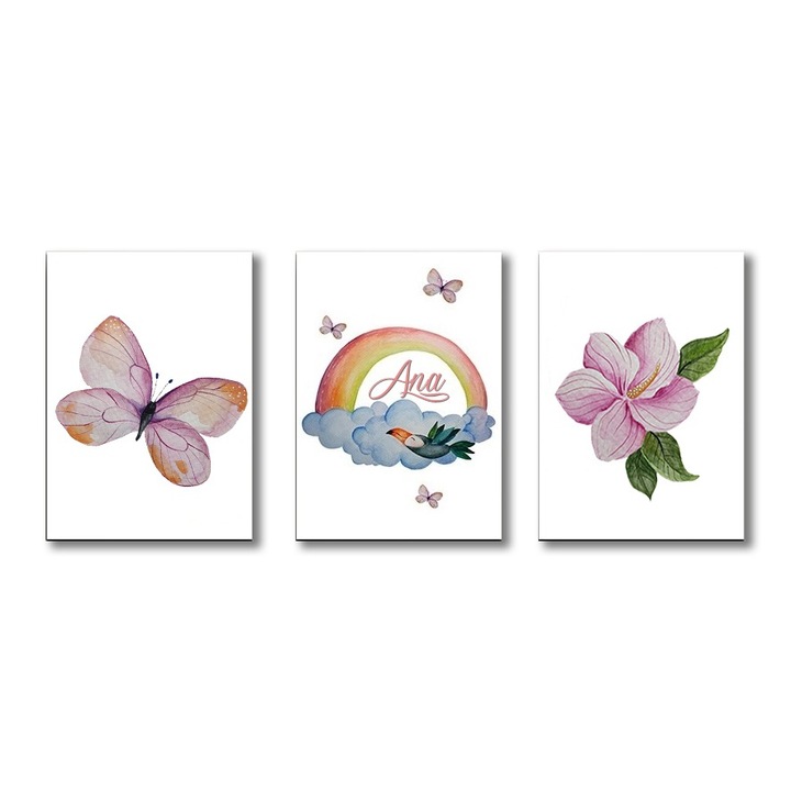 Set de 3 tablouri pentru camera fetitei, 25x35 cm, personalizate cu numele copilului