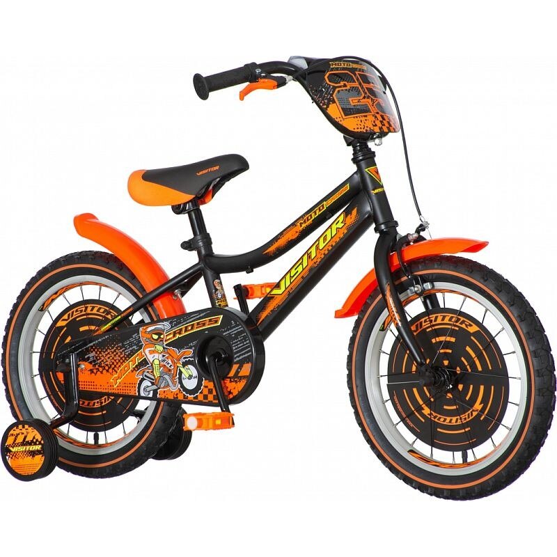 Bicicleta copii 16 inch, Visitor, sa reglabila, roti ajutatoare detasabile, frana V-Brake, MotoCross orange