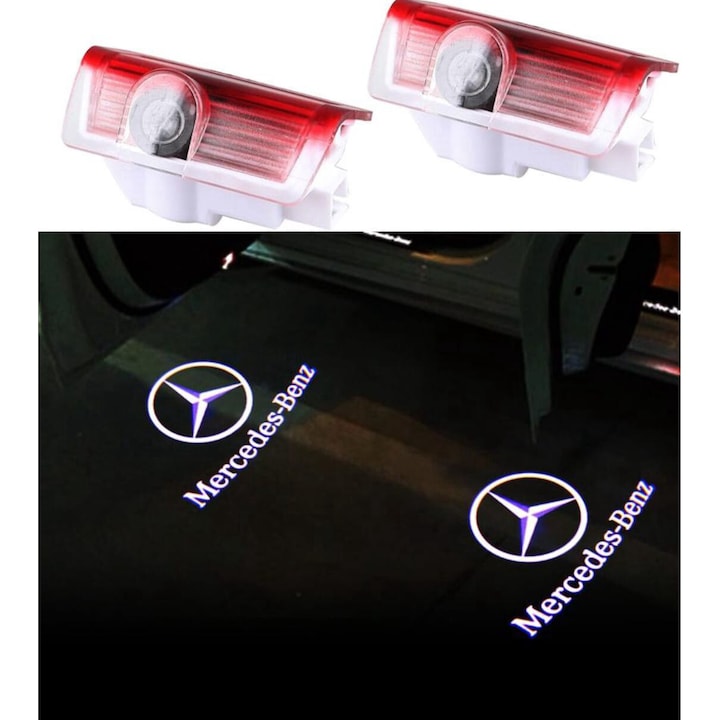 Комплект LED светлини за врати AutoREY®, с проекция на логото на Mercedes A/B/C/E/M клас, за предни или задни врати, Plug & Play монтаж, съвместим с OEM, прозрачна проекция, бял цвят