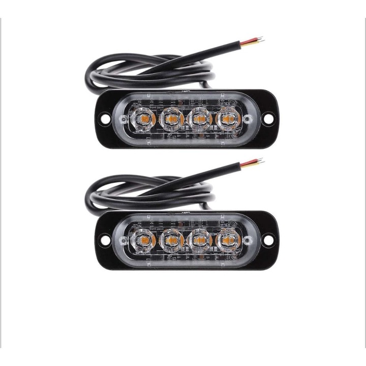 Комплект LED Предупредителни Лампи AutoREY®, Стробоскопи с Решетка, 4 Жълти LED Диода, За Автомобилен Покрив или Предна Решетка, Висока Видимост, Лесен Монтаж, Универсална Употреба
