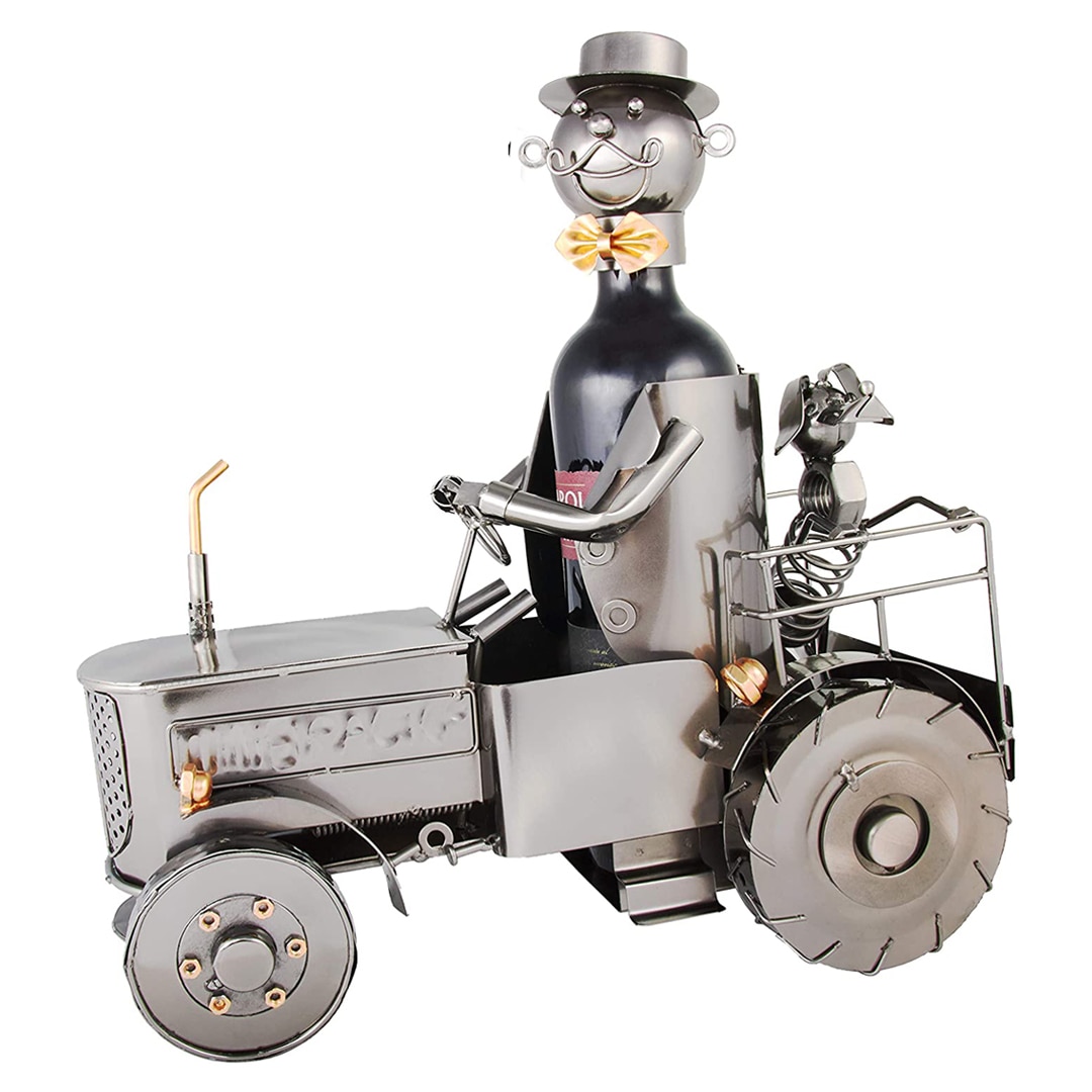 Suport metal pentru sticla vin, tractorist cu catel pe tractor 35,5x34 cm