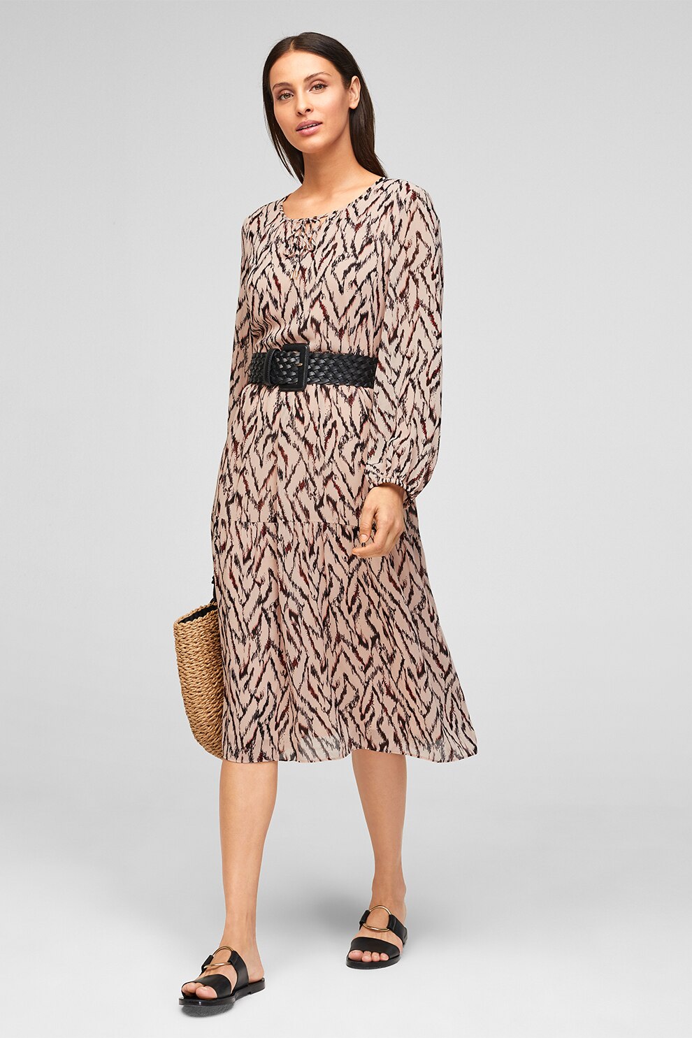 s.Oliver, Rochie midi cu decolteu rotund, Maro nisip/Negru