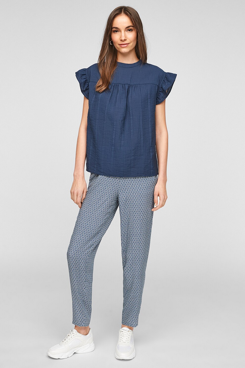 s.Oliver, Bluza cu maneci scurte si volane, Bleumarin