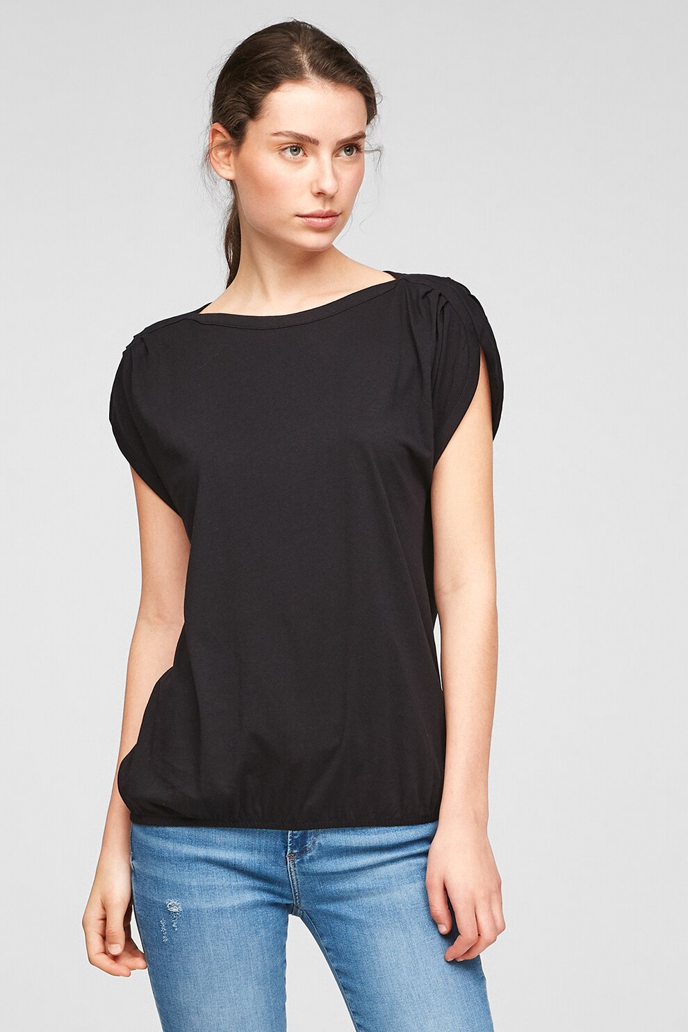 s.Oliver, Tricou din amestec de modal cu maneci cazute, Negru, XS
