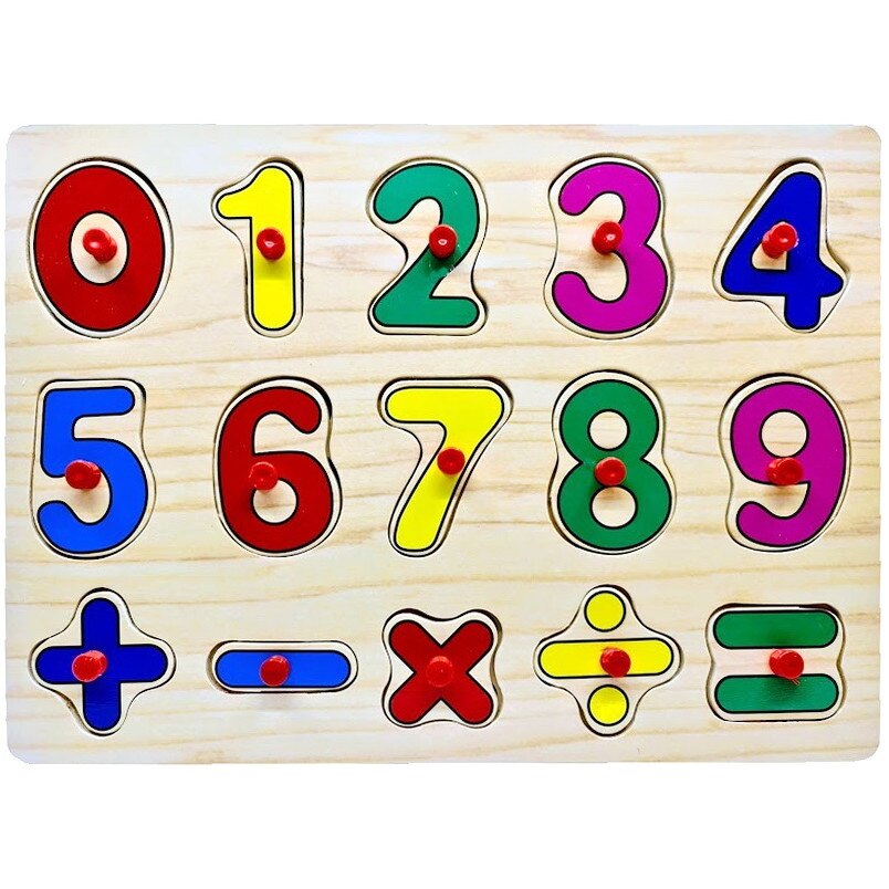 Puzzle din lemn cu maner, tablita incastru, 15 piese, cifre, semne matematice, 30 x 22 cm