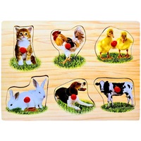 puzzle din lemn cu maner tablita incastru 6 piese animale domestice pisica cocos boboci de rata iepuri caine vaca 30 x 22 cm imagen 6_0_
0