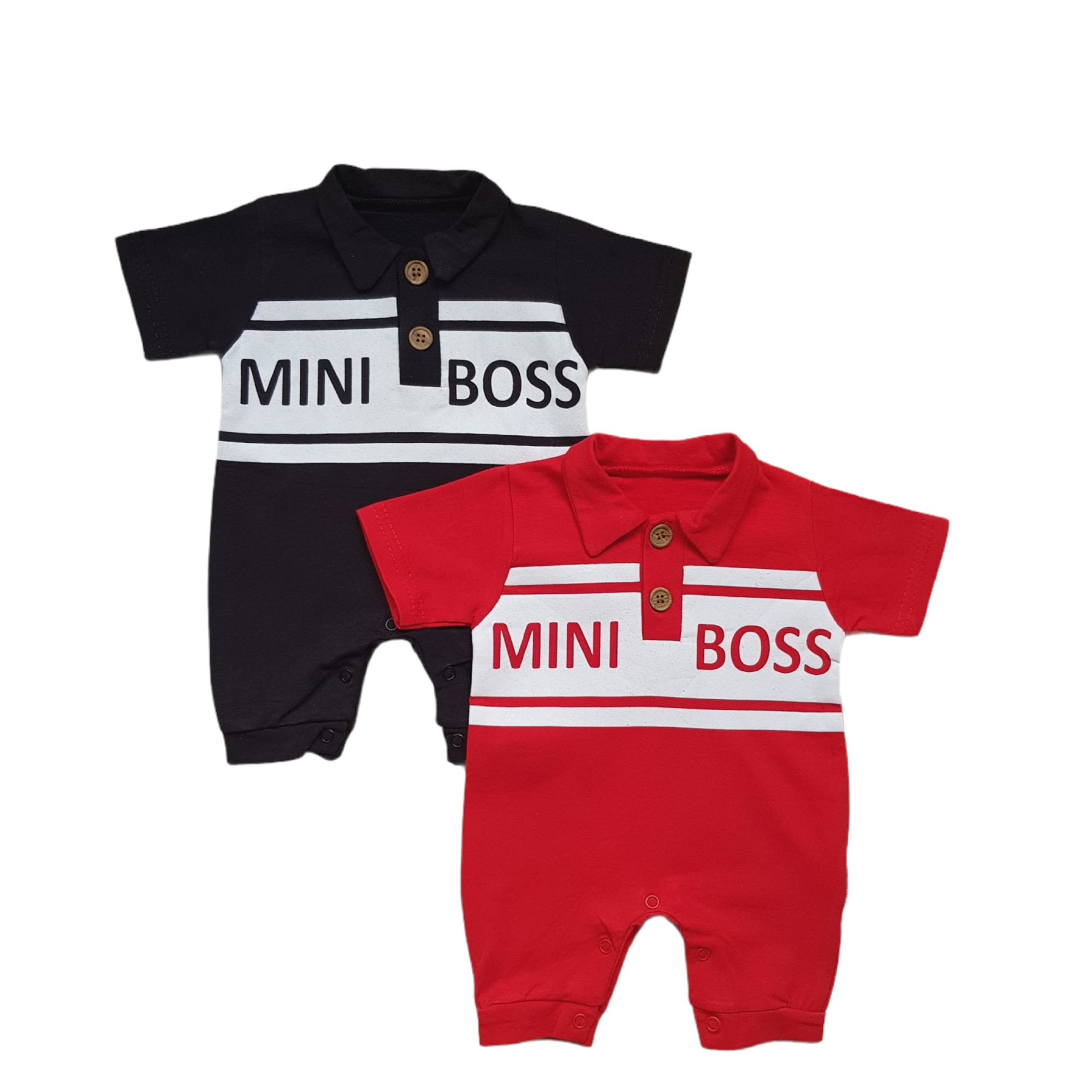 Set 2 salopete polo de bumbac, Mini Boss, varsta 6-9 luni, 74 cm, Rosu/Negru