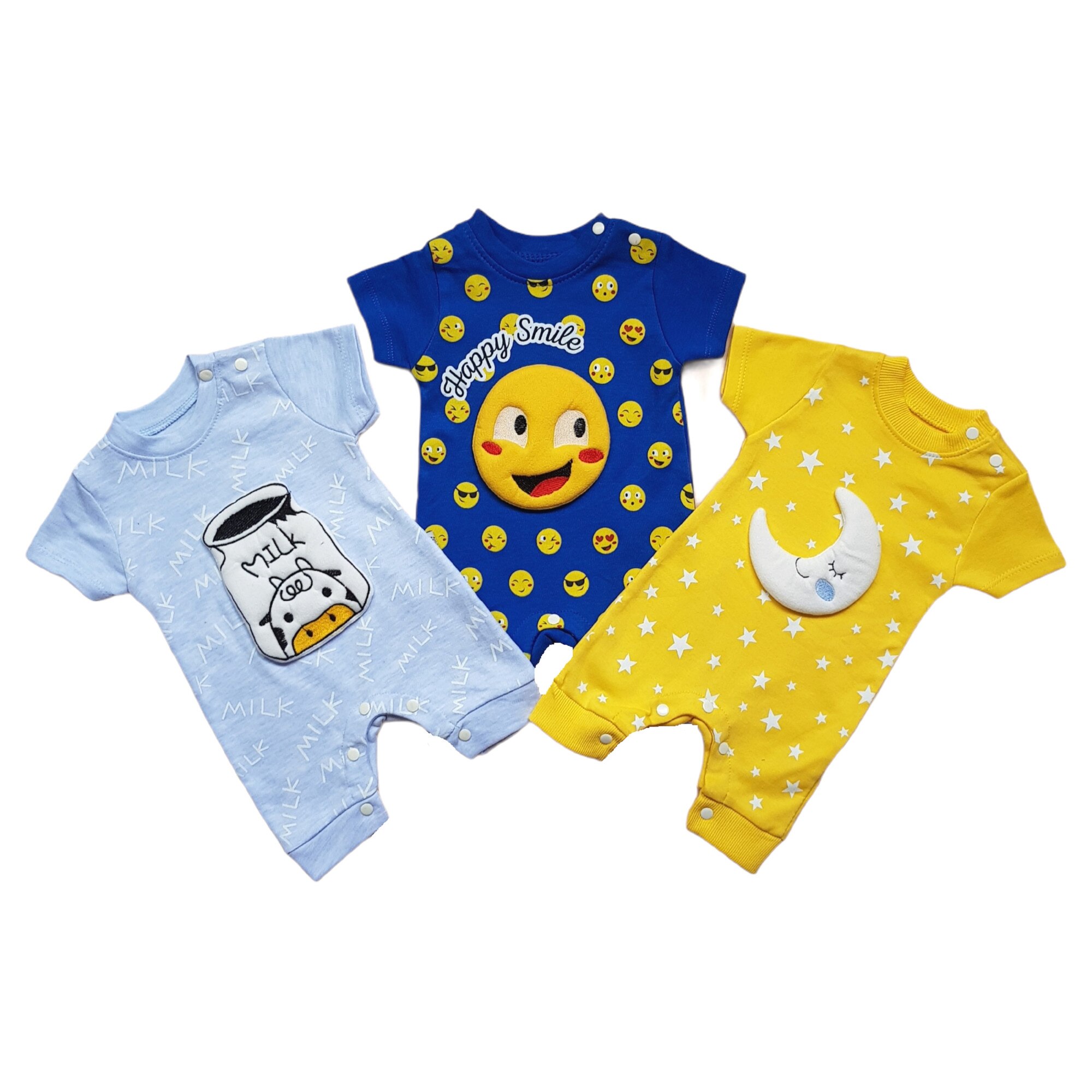 Set de 3 salopete de bumbac, Emoji, varsta 0-3 luni, 62 cm, Multicolor