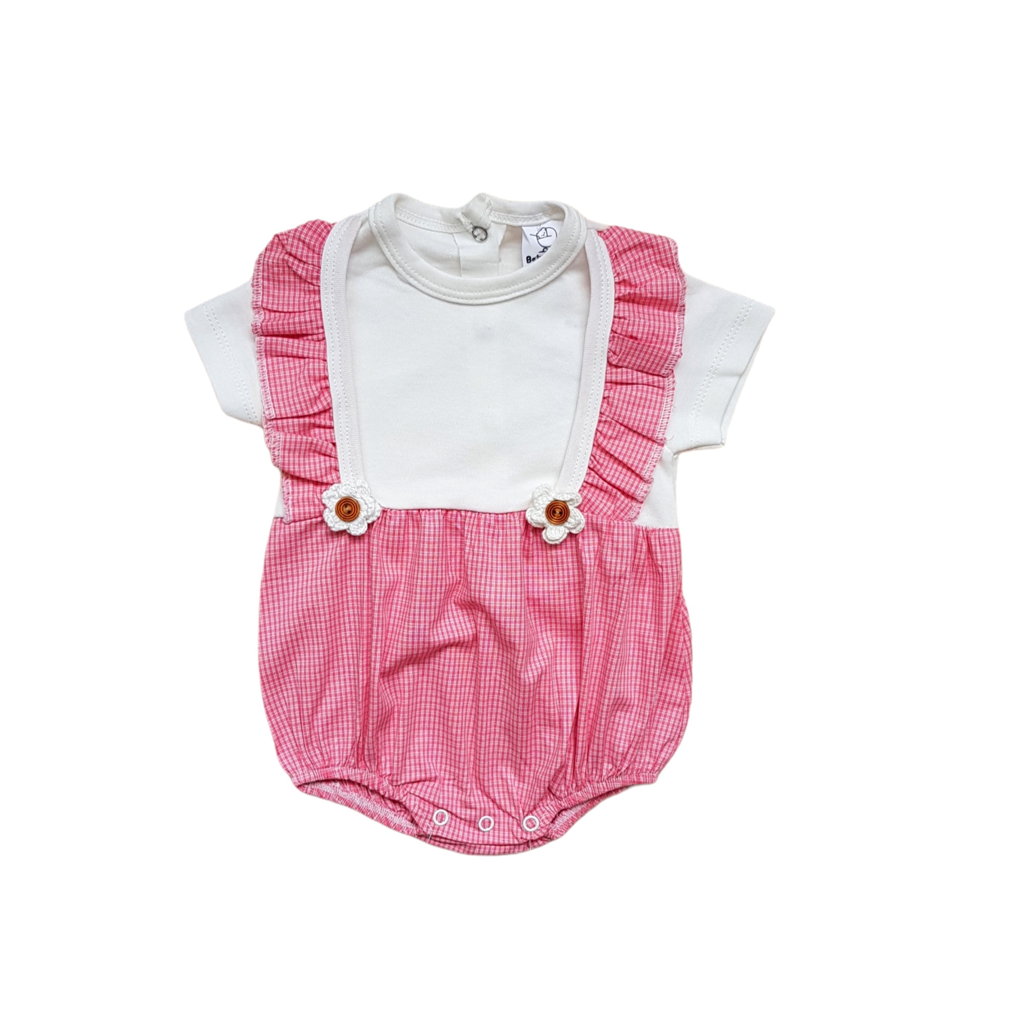 Salopeta romper de bumbac cu volane, varsta 0-3 luni, 62 cm, Alb/Roz