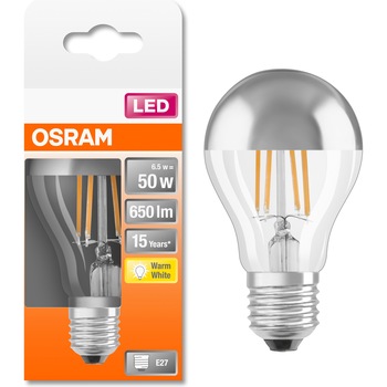 Bec LED Osram cu oglinda pentru machiaj, filament, A60, E27, 6.5W (50W), 650 lm, lumina calda (2700K), Argintiu Bec LED Osram cu oglinda pentru machiaj, filament, A60, E27, 6.5W (50W), 650 lm, lumina calda (2700K), Argintiu