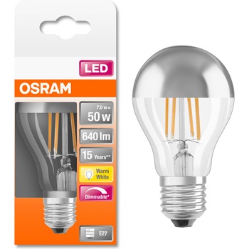 Bec LED Osram cu oglinda pentru machiaj, filament, dimabil, A60, E27, 7W (50W), 640 lm, lumina calda (2700K), Argintiu Bec LED Osram cu oglinda pentru machiaj, filament, dimabil, A60, E27, 7W (50W), 640 lm, lumina calda (2700K), Argintiu