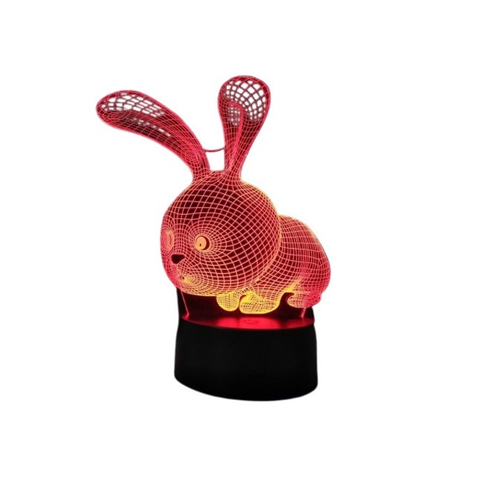 Lampa De Veghe 3D LED, Iepuras, 7 Culori, Lumina Ambientala, Alimentare USB cu Incarcator priza si/sau 3 baterii AA