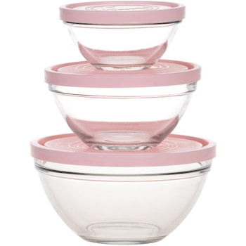 Set 3 caserole sticla cu capac plastic roz Eljado Ramona (330ml, 700ml, 1300ml) Set 3 caserole sticla cu capac plastic roz Eljado Ramona (330ml, 700ml, 1300ml)