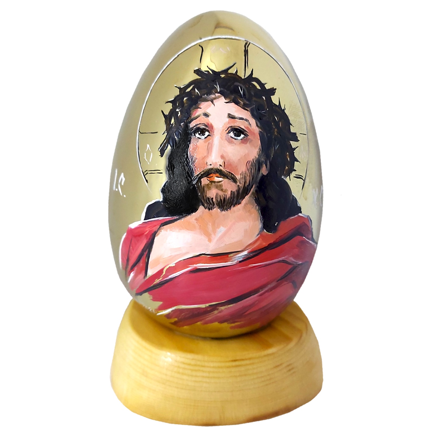 Icoana ArtDeco Mantuitorul Isus Hristos cu coroana de spini, pictura in ulei pe ou de portelan auriu metalizat, dimensiuni 14 cm inaltime, 8 cm latime si 8 cm lungime, compozitie proprie