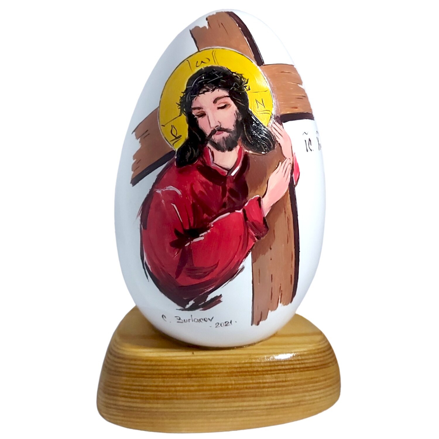 Icoana ArtDeco Mantuitorul Isus Hristos cu coroana de spini si cruce, pictura in ulei pe ou de portelan alb glazurat, dimensiuni 16 cm inaltime, 10 cm latime si 9 cm lungime, compozitie proprie